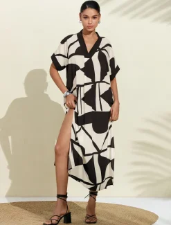 Best Women's Short Sleeve Geometric Black and Geometrical V Neck Loose Fit Double Slit Spring & Summer Spring and Summer Geometric Pattern Comfortable Loose Vacation S M L Women Casual Dress