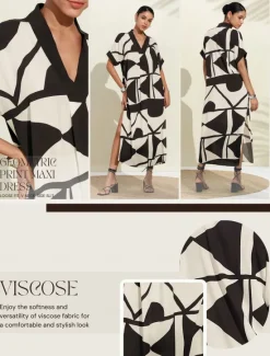 Best Women's Short Sleeve Geometric Black and Geometrical V Neck Loose Fit Double Slit Spring & Summer Spring and Summer Geometric Pattern Comfortable Loose Vacation S M L Women Casual Dress