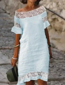 Clearance Women's Summer Spring Midi Dress Linen-Inspired Dresses Casual Dress Shift Dress Fashion Modern Casual Outdoor Vacation Daily Regular Fit Plain Off Shoulder Women Dresses