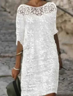 Outlet Women's Summer Spring Knee Length Dress Shift Dress Elegant Vacation Daily Regular Fit Crew Neck Women White Dresses