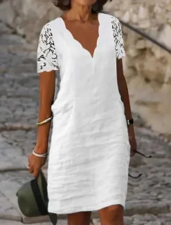 New Women's Summer Spring Midi Dress Linen-Inspired Dresses Dress Casual Dress Modern Casual Mature Outdoor Vacation Daily Regular Fit Plain V Neck Women Dresses
