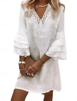 Online Women's Summer Spring Normal Midi Dress Lace Dress Cotton Linen Dress Elegant Sweet Style Holiday Beach Regular Fit Plain V Neck Women Dresses|White Dresses
