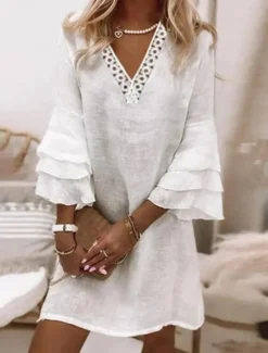 Online Women's Summer Spring Normal Midi Dress Lace Dress Cotton Linen Dress Elegant Sweet Style Holiday Beach Regular Fit Plain V Neck Women Dresses|White Dresses