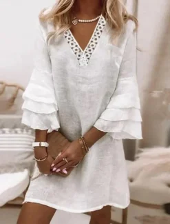 Online Women's Summer Spring Normal Midi Dress Lace Dress Cotton Linen Dress Elegant Sweet Style Holiday Beach Regular Fit Plain V Neck Women Dresses|White Dresses