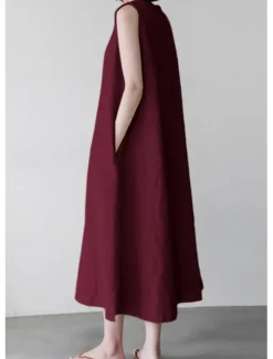 New Women's White Wine Navy Blue Summer Spring Midi Dress White Dress Cotton Linen Dresses Sundress Casual Vacation Daily Loose Fit Plain Crew Neck Women Dresses