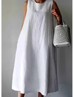 New Women's White Wine Navy Blue Summer Spring Midi Dress White Dress Cotton Linen Dresses Sundress Casual Vacation Daily Loose Fit Plain Crew Neck Women Dresses