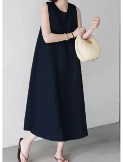 New Women's White Wine Navy Blue Summer Spring Midi Dress White Dress Cotton Linen Dresses Sundress Casual Vacation Daily Loose Fit Plain Crew Neck Women Dresses