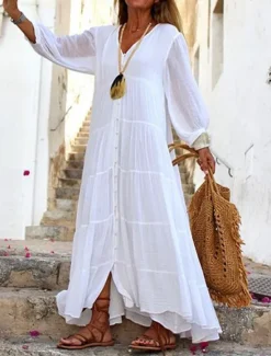 Online Women's White Yellow Blue Summer Spring Maxi long Dress Maxi Dress White Dress Shirt Dress Cotton Linen Dress Vacation Basic Modern Daily Weekend Loose Fit Plain V Neck Women Dresses|White Dresses
