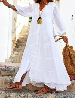 Online Women's White Yellow Blue Summer Spring Maxi long Dress Maxi Dress White Dress Shirt Dress Cotton Linen Dress Vacation Basic Modern Daily Weekend Loose Fit Plain V Neck Women Dresses|White Dresses