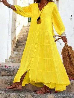 Online Women's White Yellow Blue Summer Spring Maxi long Dress Maxi Dress White Dress Shirt Dress Cotton Linen Dress Vacation Basic Modern Daily Weekend Loose Fit Plain V Neck Women Dresses|White Dresses
