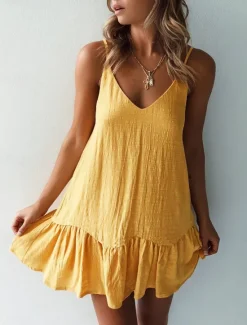 New Women's White Yellow Green Summer Spring Mini Dress White Dress Cotton Linen Dresses Strap Dress Basic Modern Casual Daily Weekend Loose Fit Plain Spaghetti Strap Women Dresses