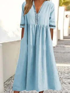 Sale Women's White Yellow Pink Summer Spring Fall Midi Dress Cotton Linen Dresses Casual Dress Swing Dress Basic Classic Casual Outdoor Vacation Daily Loose Fit Plain V Neck Women Dresses
