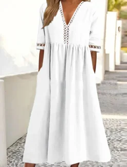 Sale Women's White Yellow Pink Summer Spring Fall Midi Dress Cotton Linen Dresses Casual Dress Swing Dress Basic Classic Casual Outdoor Vacation Daily Loose Fit Plain V Neck Women Dresses