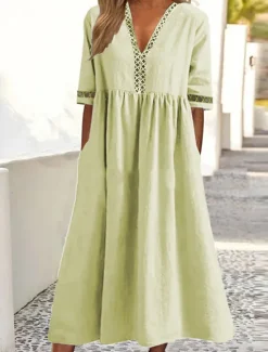 Sale Women's White Yellow Pink Summer Spring Fall Midi Dress Cotton Linen Dresses Casual Dress Swing Dress Basic Classic Casual Outdoor Vacation Daily Loose Fit Plain V Neck Women Dresses