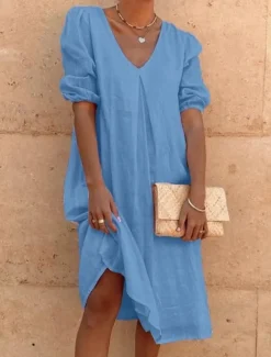 Hot Women's White Yellow Pink Summer Spring Midi Dress Linen-Inspired Dresses Cotton Linen Dress Smock Dress Solid Basic Lantern Sleeve Vacation Loose Fit V Neck Women Dresses