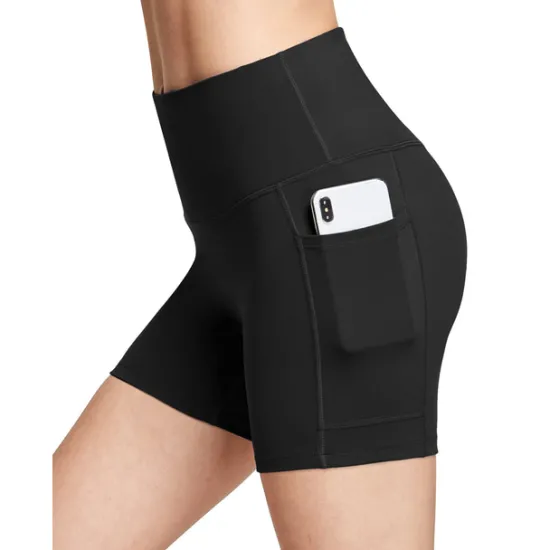 New Women's Wide Band Waist Sports Shorts With Phone Pocket Solid Colored High Waist Elastic Yoga Running Bottom Pants Women Shorts