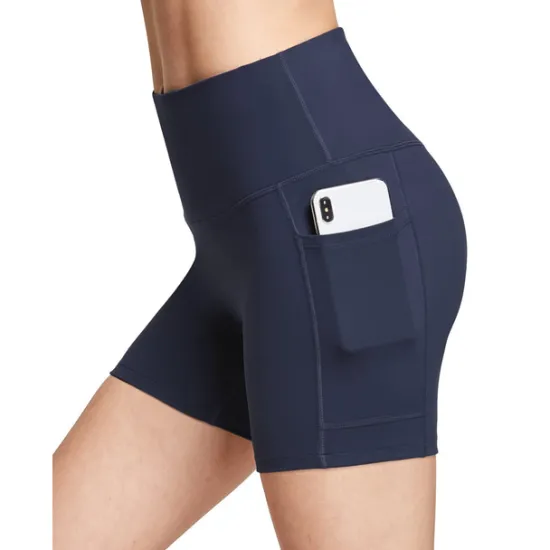 New Women's Wide Band Waist Sports Shorts With Phone Pocket Solid Colored High Waist Elastic Yoga Running Bottom Pants Women Shorts