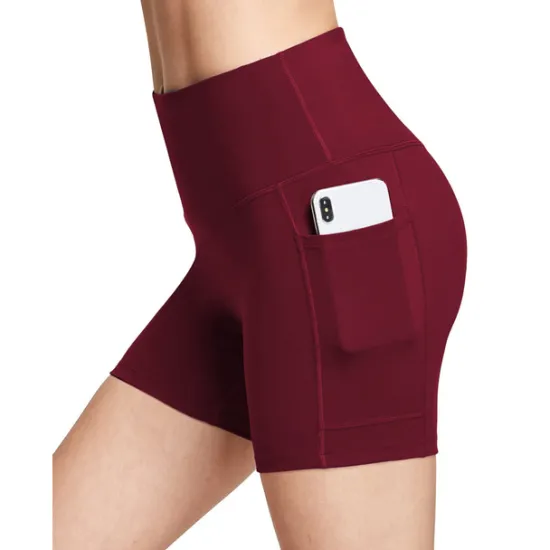 New Women's Wide Band Waist Sports Shorts With Phone Pocket Solid Colored High Waist Elastic Yoga Running Bottom Pants Women Shorts