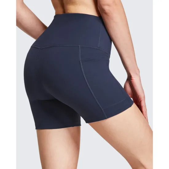 New Women's Wide Band Waist Sports Shorts With Phone Pocket Solid Colored High Waist Elastic Yoga Running Bottom Pants Women Shorts