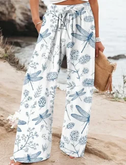 Women's Wide Leg Baggy Pants Beach Shorts Vacation Vintage Fashion Full Length High Waist Graphic Flower / Floral Drawstring Printing Soft Breathable Micro-elastic Vacation Causal Casual White Blue Women Pants