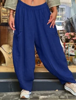 Women's Wide Leg Baggy Pants Solid Color Bloomers Fashion Basic Full Length Medium Waist Plain Pocket Elastic Waist Comfort Outdoor Micro-elastic Vacation Street Daily Golden Navy Black Orange Women Pants