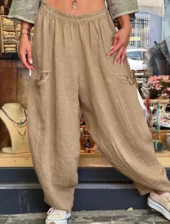 Women's Wide Leg Baggy Pants Solid Color Bloomers Fashion Basic Full Length Medium Waist Plain Pocket Elastic Waist Comfort Outdoor Micro-elastic Vacation Street Daily Golden Navy Black Orange Women Pants