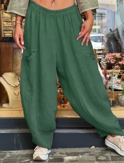 Women's Wide Leg Baggy Pants Solid Color Bloomers Fashion Basic Full Length Medium Waist Plain Pocket Elastic Waist Comfort Outdoor Micro-elastic Vacation Street Daily Golden Navy Black Orange Women Pants