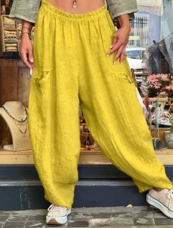 Women's Wide Leg Baggy Pants Solid Color Bloomers Fashion Basic Full Length Medium Waist Plain Pocket Elastic Waist Comfort Outdoor Micro-elastic Vacation Street Daily Golden Navy Black Orange Women Pants
