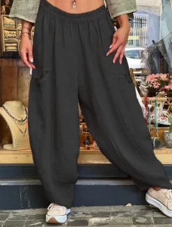Women's Wide Leg Baggy Pants Solid Color Bloomers Fashion Basic Full Length Medium Waist Plain Pocket Elastic Waist Comfort Outdoor Micro-elastic Vacation Street Daily Golden Navy Black Orange Women Pants