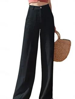 New Women's Wide Leg Baggy Pants Solid Color Fashion Basic Full Length High Waist Plain Pocket Comfort Outdoor Micro-elastic Vacation Street Daily Deep Green Black White Summer Spring Regular Fit Women Pants