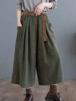 Women's Wide Leg Capri Pants Fashion Streetwear Simple Calf-Length High Waist Solid Color Pocket Elastic Waist High Cut Comfort Breathability Soft Micro-elastic Vacation Street Daily Green khaki Women Pants