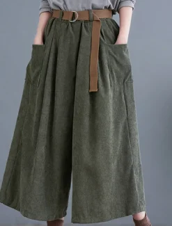 Women's Wide Leg Capri Pants Fashion Streetwear Simple Calf-Length High Waist Solid Color Pocket Elastic Waist High Cut Comfort Breathability Soft Micro-elastic Vacation Street Daily Green khaki Women Pants