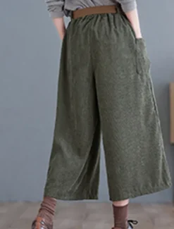 Women's Wide Leg Capri Pants Fashion Streetwear Simple Calf-Length High Waist Solid Color Pocket Elastic Waist High Cut Comfort Breathability Soft Micro-elastic Vacation Street Daily Green khaki Women Pants