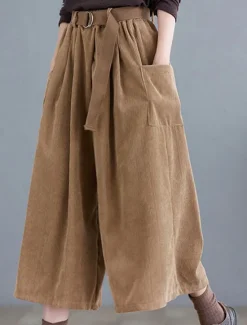 Women's Wide Leg Capri Pants Fashion Streetwear Simple Calf-Length High Waist Solid Color Pocket Elastic Waist High Cut Comfort Breathability Soft Micro-elastic Vacation Street Daily Green khaki Women Pants