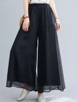 Discount Women's Wide Leg Chinos Active Classic Style Full Length High Waist Plain Elastic Waistband Comfy Soft Comfortable Micro-elastic Outdoor Vacation Street Black White Summer Regular Fit Women Pants
