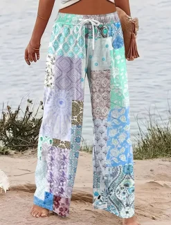 Best Women's Wide Leg Chinos Baggy Pants Vacation Vintage Fashion Full Length High Waist Graphic Geometric Paisley Printing Micro-elastic Formal Vacation Street Pink Blue Purple Green Summer Spring Women Pants