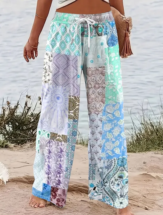 Best Women's Wide Leg Chinos Baggy Pants Vacation Vintage Fashion Full Length High Waist Graphic Geometric Paisley Printing Micro-elastic Formal Vacation Street Pink Blue Purple Green Summer Spring Women Pants