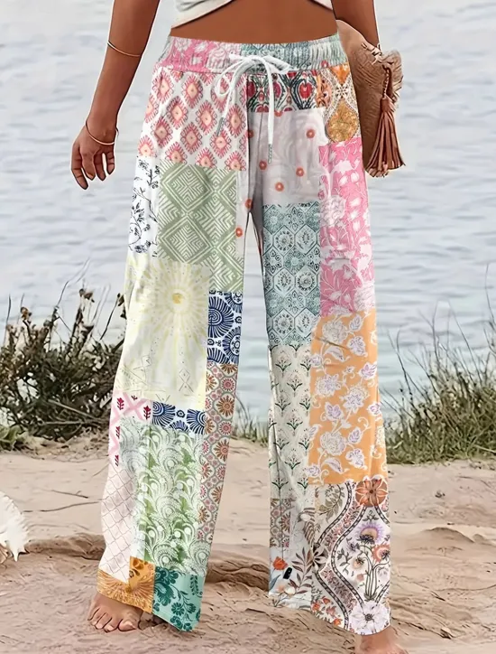 Best Women's Wide Leg Chinos Baggy Pants Vacation Vintage Fashion Full Length High Waist Graphic Geometric Paisley Printing Micro-elastic Formal Vacation Street Pink Blue Purple Green Summer Spring Women Pants
