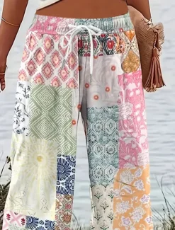 Best Women's Wide Leg Chinos Baggy Pants Vacation Vintage Fashion Full Length High Waist Graphic Geometric Paisley Printing Micro-elastic Formal Vacation Street Pink Blue Purple Green Summer Spring Women Pants