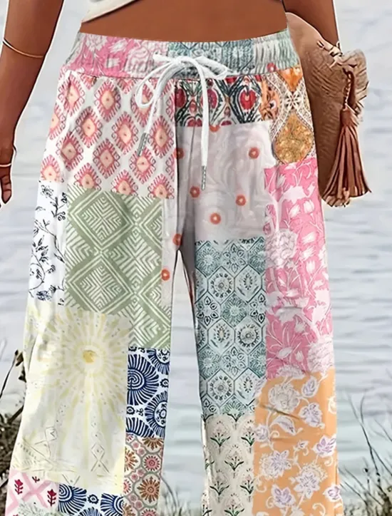 Best Women's Wide Leg Chinos Baggy Pants Vacation Vintage Fashion Full Length High Waist Graphic Geometric Paisley Printing Micro-elastic Formal Vacation Street Pink Blue Purple Green Summer Spring Women Pants