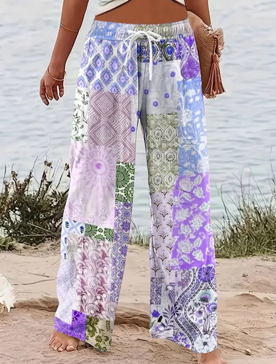 Best Women's Wide Leg Chinos Baggy Pants Vacation Vintage Fashion Full Length High Waist Graphic Geometric Paisley Printing Micro-elastic Formal Vacation Street Pink Blue Purple Green Summer Spring Women Pants