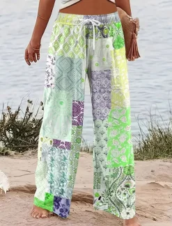 Best Women's Wide Leg Chinos Baggy Pants Vacation Vintage Fashion Full Length High Waist Graphic Geometric Paisley Printing Micro-elastic Formal Vacation Street Pink Blue Purple Green Summer Spring Women Pants