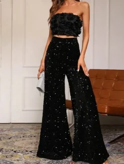 Online Women's Wide Leg Chinos Baggy Pants Fashion Streetwear Full Length High Waist Plain Sequins Comfy Soft Comfortable Micro-elastic Outdoor Party Street Black Pink Red Summer Spring Regular Fit Women Pants