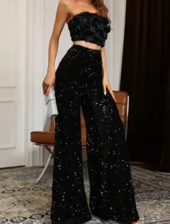 Online Women's Wide Leg Chinos Baggy Pants Fashion Streetwear Full Length High Waist Plain Sequins Comfy Soft Comfortable Micro-elastic Outdoor Party Street Black Pink Red Summer Spring Regular Fit Women Pants