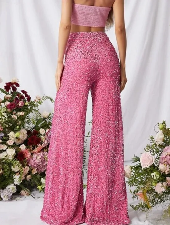 Online Women's Wide Leg Chinos Baggy Pants Fashion Streetwear Full Length High Waist Plain Sequins Comfy Soft Comfortable Micro-elastic Outdoor Party Street Black Pink Red Summer Spring Regular Fit Women Pants