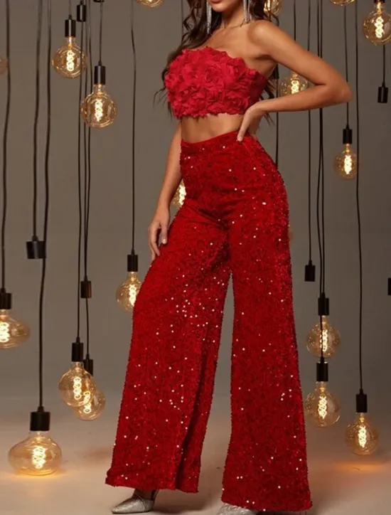 Online Women's Wide Leg Chinos Baggy Pants Fashion Streetwear Full Length High Waist Plain Sequins Comfy Soft Comfortable Micro-elastic Outdoor Party Street Black Pink Red Summer Spring Regular Fit Women Pants