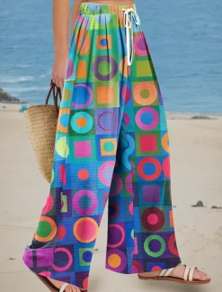 Discount Women's Wide Leg Chinos Baggy Pants Vacation Vintage Fashion Full Length High Waist Floral Graphic Abstract Printing Soft Breathable Micro-elastic Formal Outdoor Vacation Blue Orange Summer Spring Women Pants