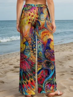 Best Women's Wide Leg Chinos Baggy Pants Vacation Vintage Fashion Full Length High Waist Floral Graphic Peacock Printing Soft Breathable Micro-elastic Formal Outdoor Vacation Robin's Egg Blue Ruby Red Women Pants