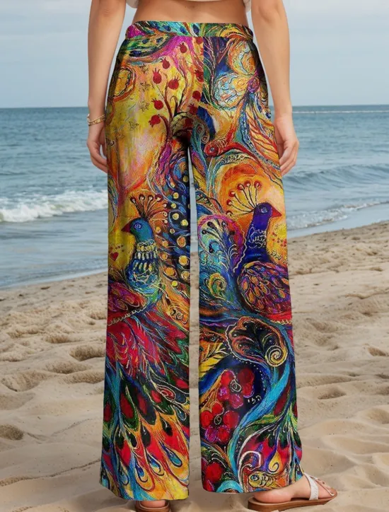 Best Women's Wide Leg Chinos Baggy Pants Vacation Vintage Fashion Full Length High Waist Floral Graphic Peacock Printing Soft Breathable Micro-elastic Formal Outdoor Vacation Robin's Egg Blue Ruby Red Women Pants