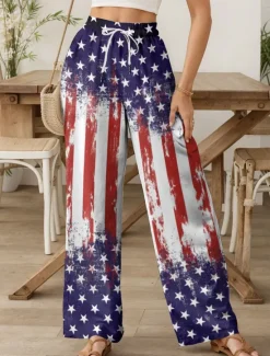 Sale Women's Wide Leg Chinos Baggy Pants Vacation Vintage Fashion Full Length High WaistPantsAmerican Independence Day Graphic Flag Drawstring Printing Soft Breathable Micro-elastic Formal Vacation Street Women Independence Day Bottoms
